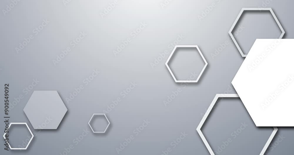 Poster Geometric, molecules and moving of hexagon, shape and abstract of animation, digital and rendering. Lines, texture and technology of polygon, graphic and virtual with connection and wallpaper