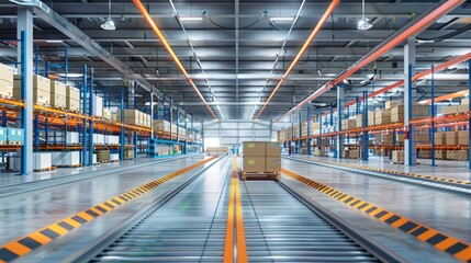 Obraz premium Industrial warehouse distributing cardboard boxes using a conveyor machine