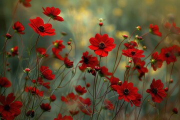 Obraz premium A cluster of bright red flowers growing among the green grass