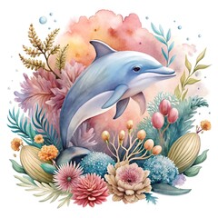 Dolphin Surrounded by sea anemones. ai generative image.