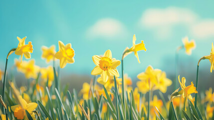 Yellow spring daffodils field with blue sky clouds background for St. David's Day.