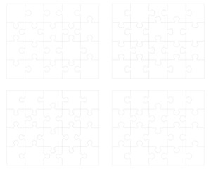 Illustration of four different white puzzles, separate pieces	