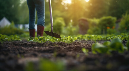 a person with a shovel digging in a garden with green plants and dirt on the ground and trees in the background