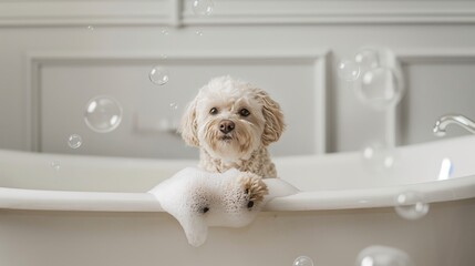 Adorable white cockapoo dog in a white tub with bubbles. Playful fluffy pet enjoying a bubble bath