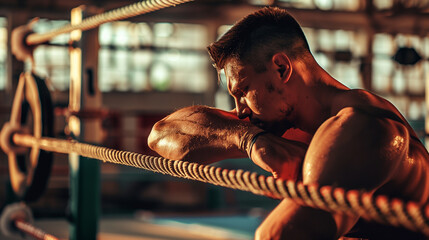 Exhausted boxer is leaning on boxing ring ropes after an intense boxing training session in a gym