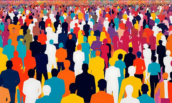 large group of people, with silhouettes layered in various bright colors