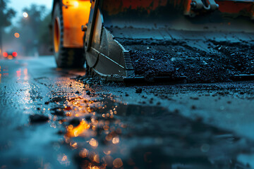 Heavy road equipment repairing the road and laying fresh asphalt, showcasing modern construction and infrastructure maintenance. The scene highlights the machinery, workers, and process involved in ro