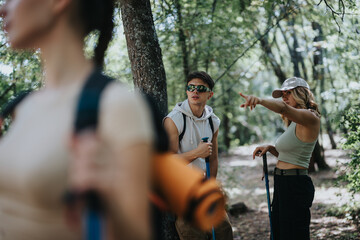 A group of young friends hiking in the forest on a sunny day, enjoying nature, adventure, and...
