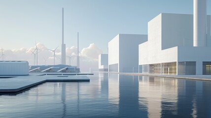 Modern Industrial Waterfront with Wind Turbines and Contemporary Architecture in a Serene Setting