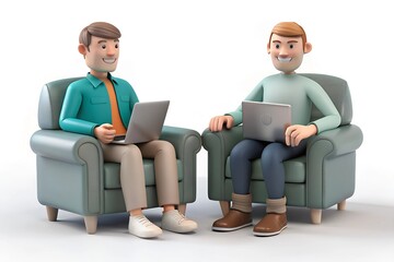 Two Cartoon Characters Sitting in Armchairs with Laptops