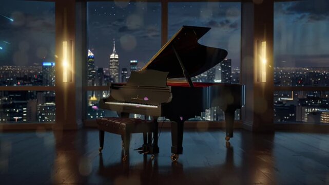 A piano is in a room with several glass windows that display a view of the city at night from above. Seamless 4K looping timelapse video animation generated AI
