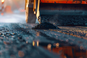 Heavy road equipment repairing the road and laying fresh asphalt, showcasing modern construction and infrastructure maintenance. The scene highlights the machinery, workers, and process involved in ro