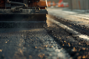 Heavy road equipment repairing the road and laying fresh asphalt, showcasing modern construction and infrastructure maintenance. The scene highlights the machinery, workers, and process involved in ro