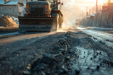 Heavy road equipment repairing the road and laying fresh asphalt, showcasing modern construction and infrastructure maintenance. The scene highlights the machinery, workers, and process involved in ro