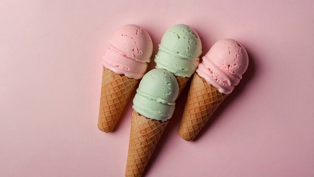 Summer food flat lay - ice cream pops on pink wallpaper, desk view, modern pastel design, high contrast
