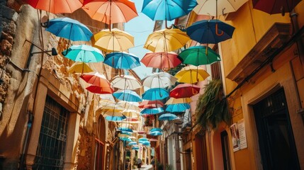 Obraz premium Colorful umbrella decorations over the streets of the traditional Spanish village of Barcelona