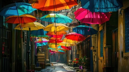 Naklejka premium Colorful umbrella decorations over the streets of the traditional Spanish village of Barcelona