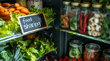 Open refrigerator full of fresh organic vegetables, fruit and jars prepared for food sharing between neighbors or people in need