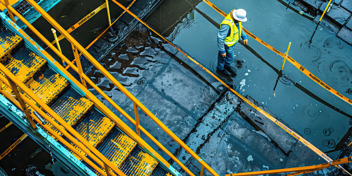 A worker at a construction site slips on a wet surface, tumbling down a flight of stairs. The surrounding area is marked with yellow caution tape.
