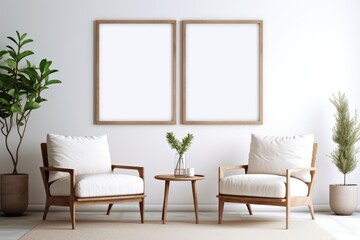 Three Empty Vertical Picture Frames in a Contemporary Living Room With Modern Sofa and Indoor Plants