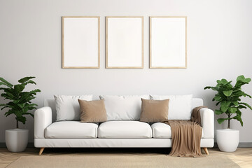 Three Empty Vertical Picture Frames in a Contemporary Living Room With Modern Sofa and Indoor Plants