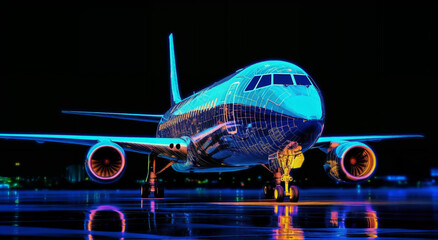 Fototapeta premium a large jetliner sitting on top of an airport tarmac at night with a reflection of it on the side of the plane