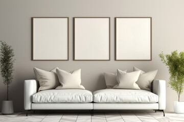 Three Empty Vertical Picture Frames in a Contemporary Living Room With Modern Sofa and Indoor Plants