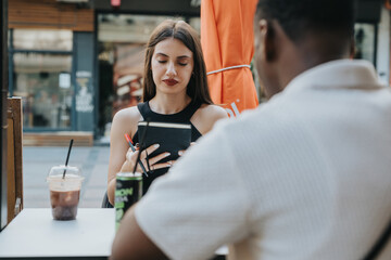 Two people engaged in a discussion and writing notes at an outdoor cafe with beverages including iced coffee and a canned drink.