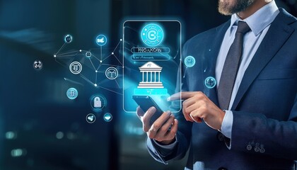Fototapeta premium Mobile banking technology concept. Businessman with mobile banking app login screen on smartphone. convenience and security of online financial services, with login credentials and bank icons. Fintech
