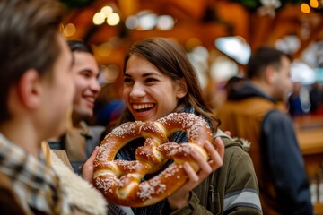 Friends Laughing Enjoying Large Pretzel at Festive Market