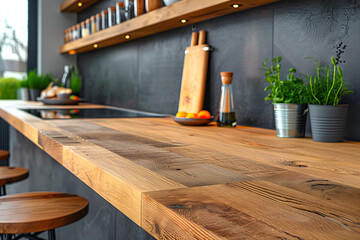 Comptoir vide en bois dans une cuisine moderne