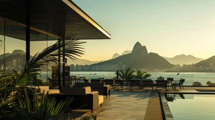 Modern Building on Waterfront with Mountain and City Skyline Background