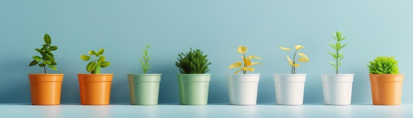 Fototapeta premium Row of potted plants on a blue background.