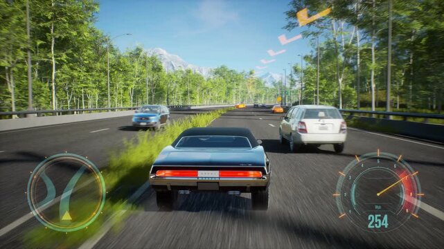 4K fake 3D video game. racing fake game with HUD.