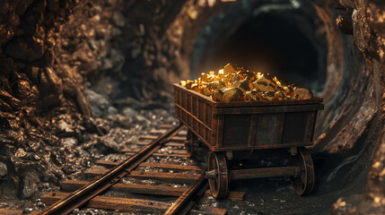 A gold mine tunnel with a mining cart on rails filled with shiny, glossy gold nuggets. refining of...