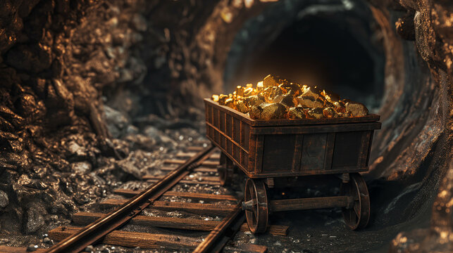 A gold mine tunnel with a mining cart on rails filled with shiny, glossy gold nuggets. refining of gold, prospecting concepts.