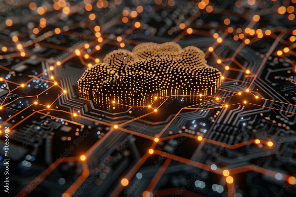 Aufkleber digital brain made of gold nodes on circuit board in advanced tech environment