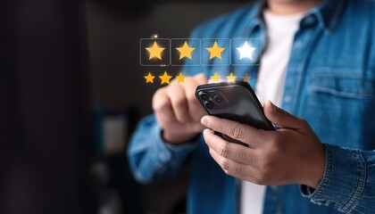 Man give rating to service excellent experience on mobile phone application, Customer review satisfaction feedback survey concept. Client evaluate quality of service reputation ranking of business.