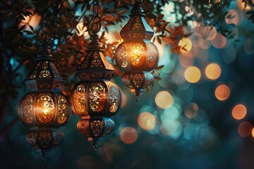 A cluster of lights suspended from a tree branch