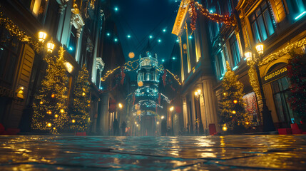 Fototapeta premium Low angle shot of a decorated street on Christmas night.