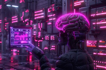 Obraz premium Cyborg with glowing brain interface in neon lit high tech city
