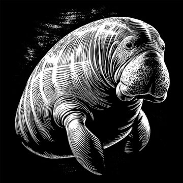 recommend clip art: A close up of a manatee with a black background