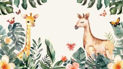 Naklejka premium Delicate watercolor animals and vibrant plants create a frame, perfect for your text.