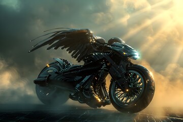 3D rendering of a generic sports motorcycle with vintage look with soft focus background of city lights at night