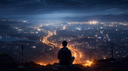 Tourist man watching the beautiful view at night over city. Neural network ai generated art