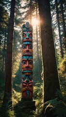 Sunlit totem pole in a vibrant, serene forest setting