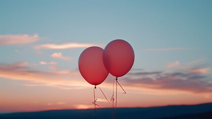 Fototapeta premium Two pink balloons on panoramic sky background, love and couple concept. 