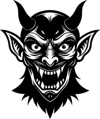 Obraz premium A black and white drawing of a demon with horns and a mouth full of teeth