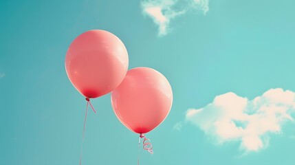 Two pink balloons on panoramic sky background, love and couple concept. 