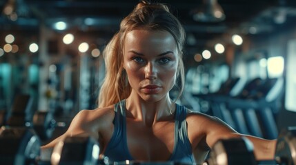 Fototapeta premium Focused Woman Working Out in Modern Gym with Determination. Fitness Enthusiast Training for Strength and Health. Intense Gym Environment with Equipment. Perfect for Fitness or Motivation. AI